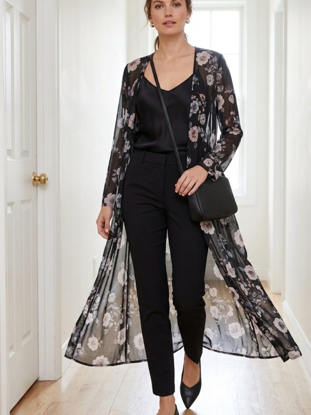 Sheer Floral Long Duster Cardigan Kimono In Size Large